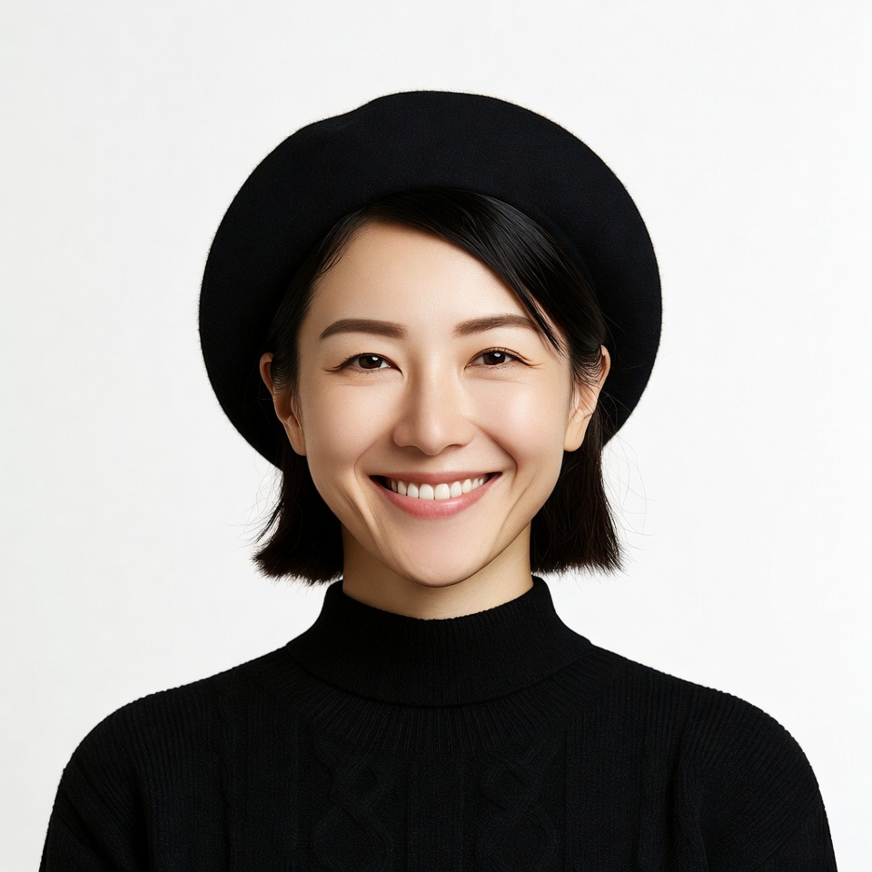 Asian woman smiling in black beret Asian woman smiling in black beret