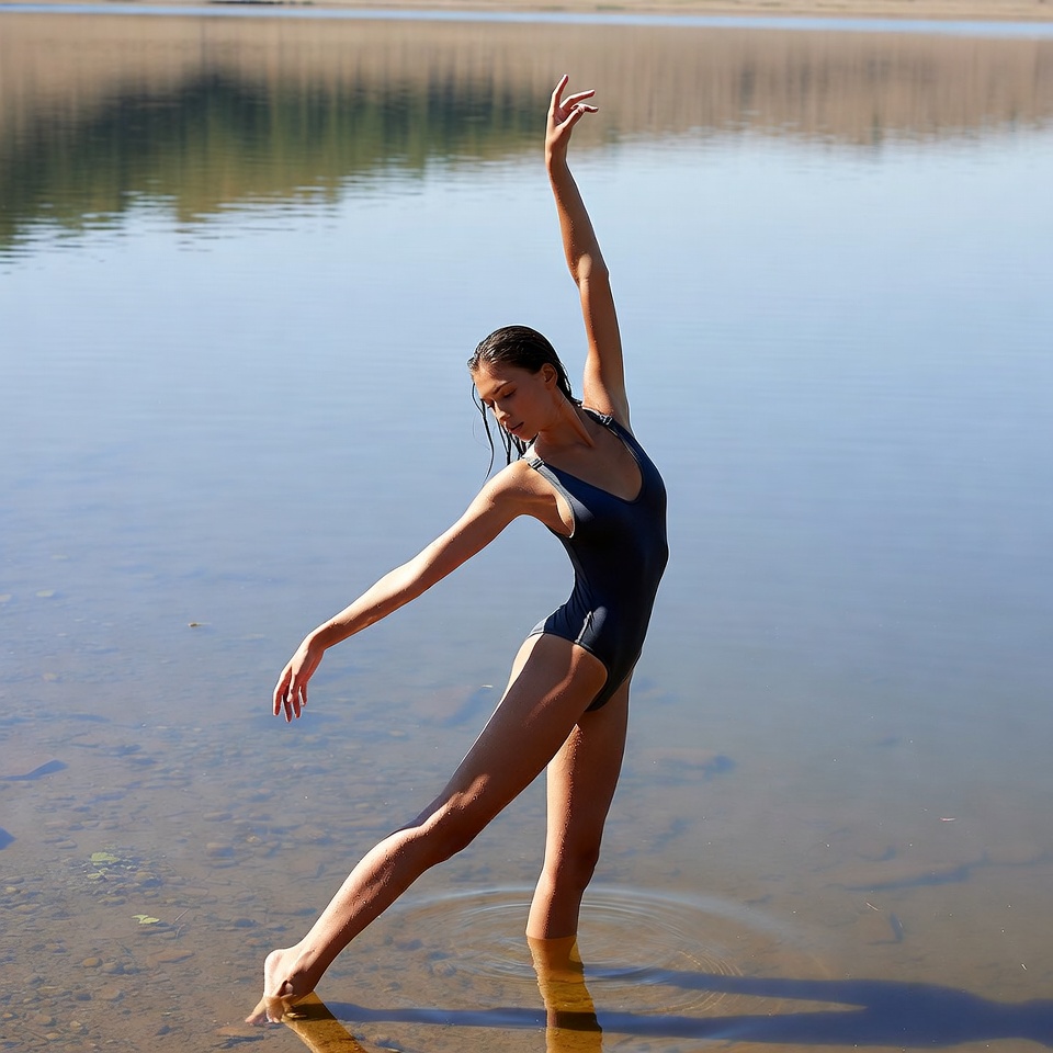 Woman ballet dancing in shallow water Woman ballet dancing in shallow water