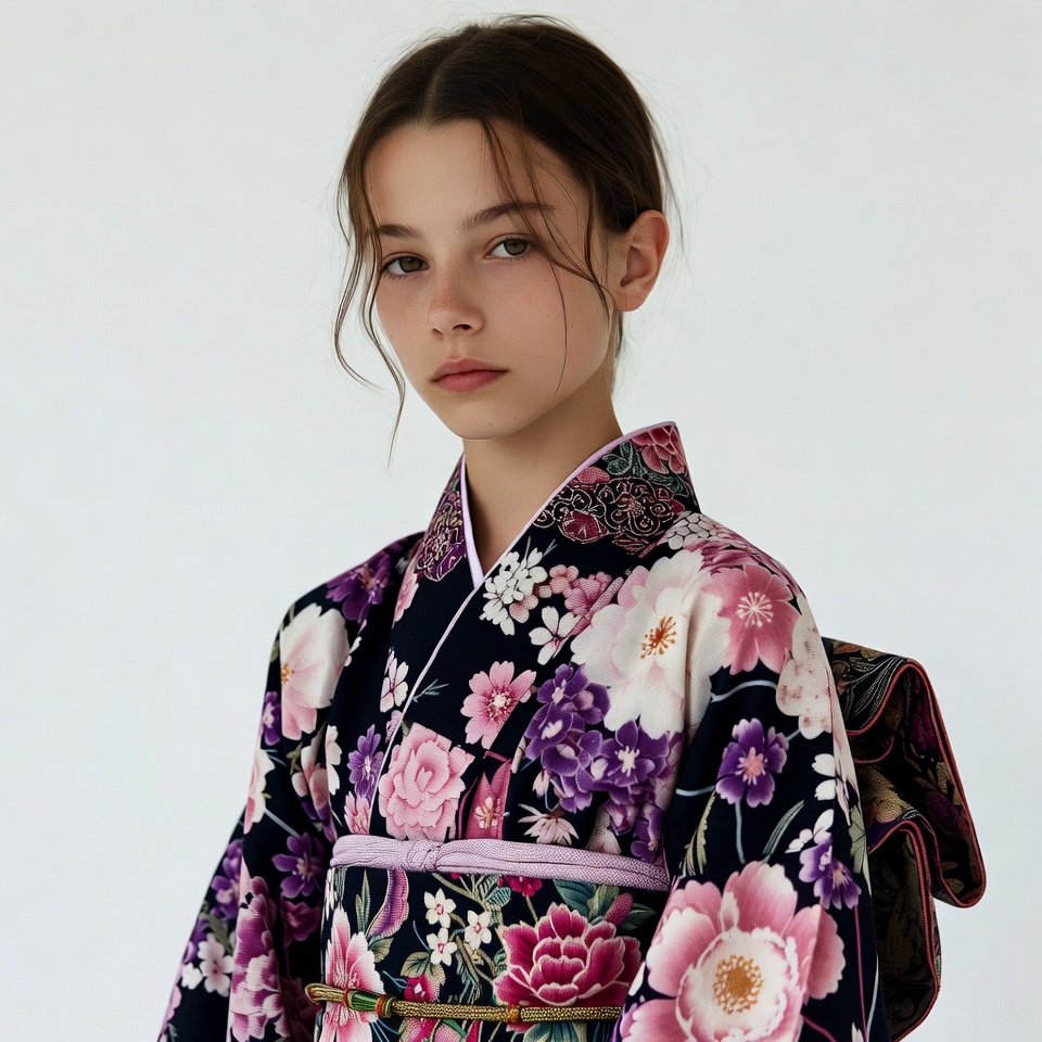 Young girl in floral kimono Young girl in floral kimono