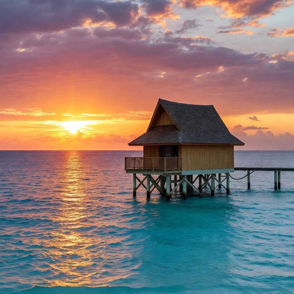Overwater bungalow at sunset Overwater bungalow at sunset