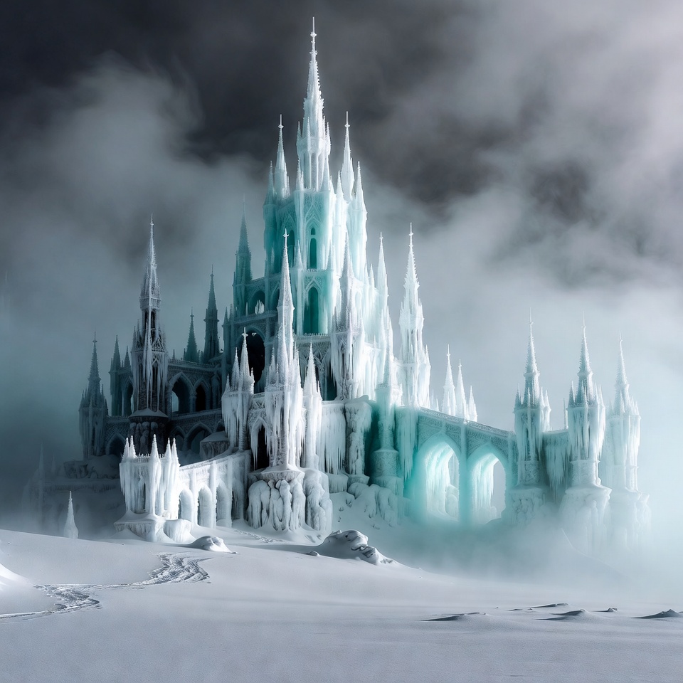 Majestic Ice Castle in Snowy Landscape Majestic Ice Castle in Snowy Landscape
