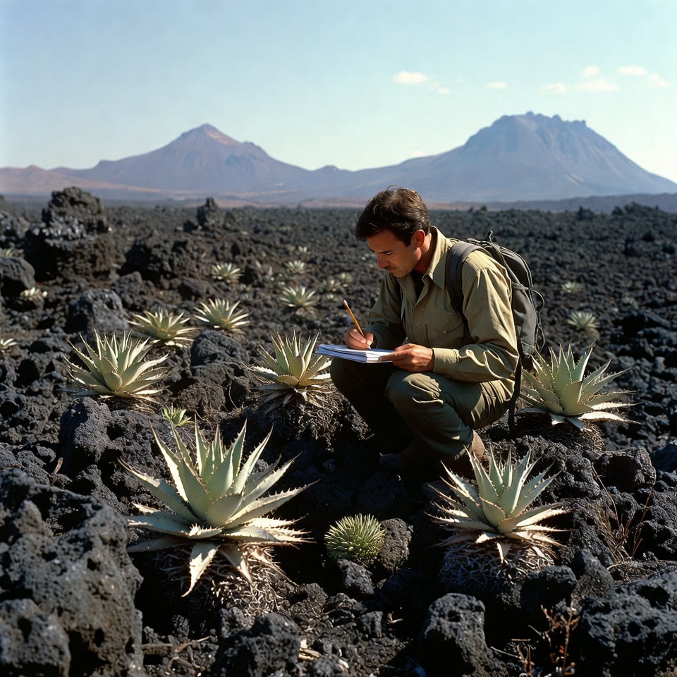 Man studying agave plants in volcanic field Man studying agave plants in volcanic field