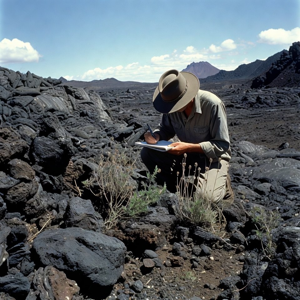 Geologist working on lava field Geologist working on lava field