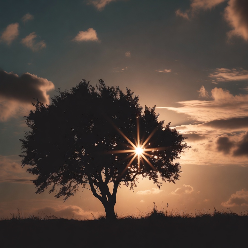 Silhouette Tree with Sunburst Clouds Silhouette Tree with Sunburst Clouds