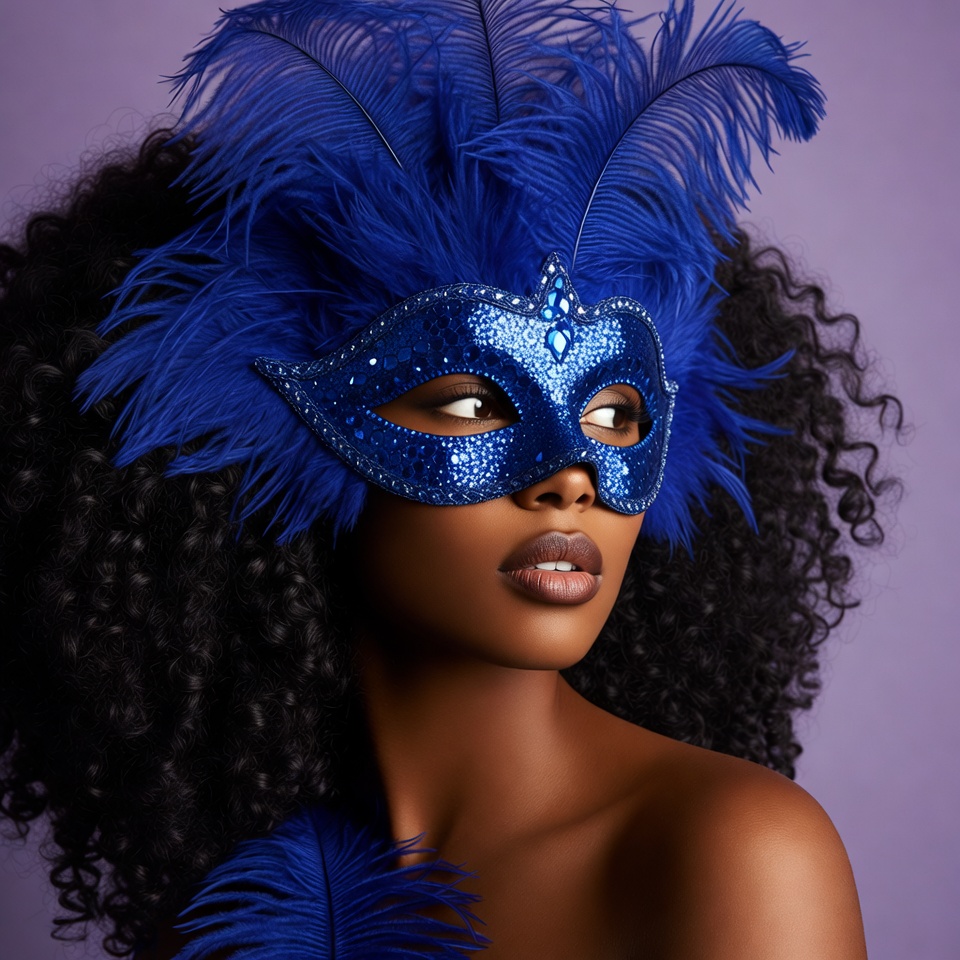 African-American woman in blue feather mask African-American woman in blue feather mask