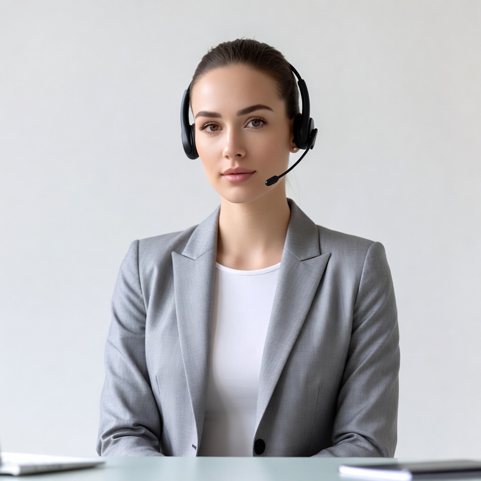 Woman wearing headset at desk Woman wearing headset at desk