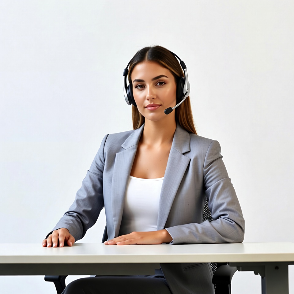 Woman wearing headset at desk Woman wearing headset at desk