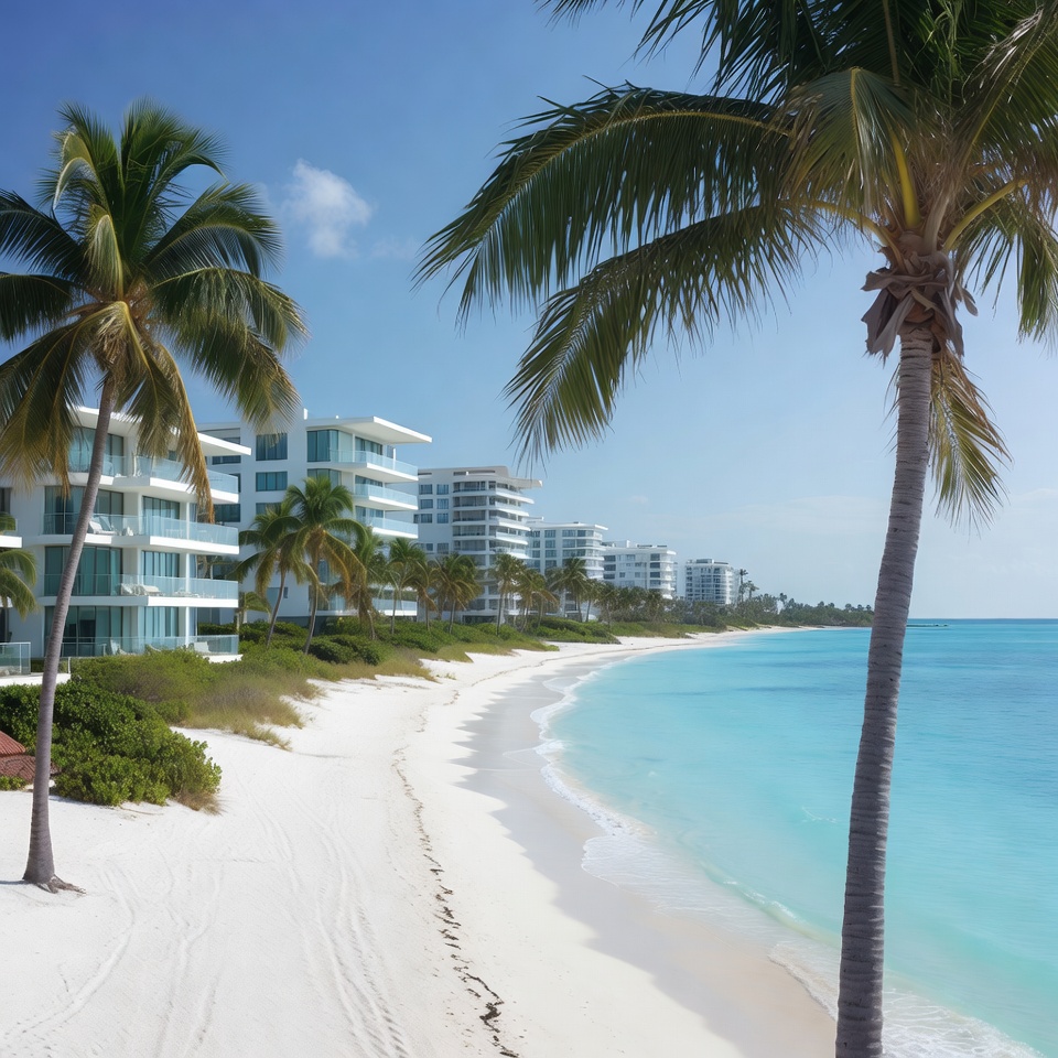 Palm Trees and White Beach with Luxury Buildings Palm Trees and White Beach with Luxury Buildings