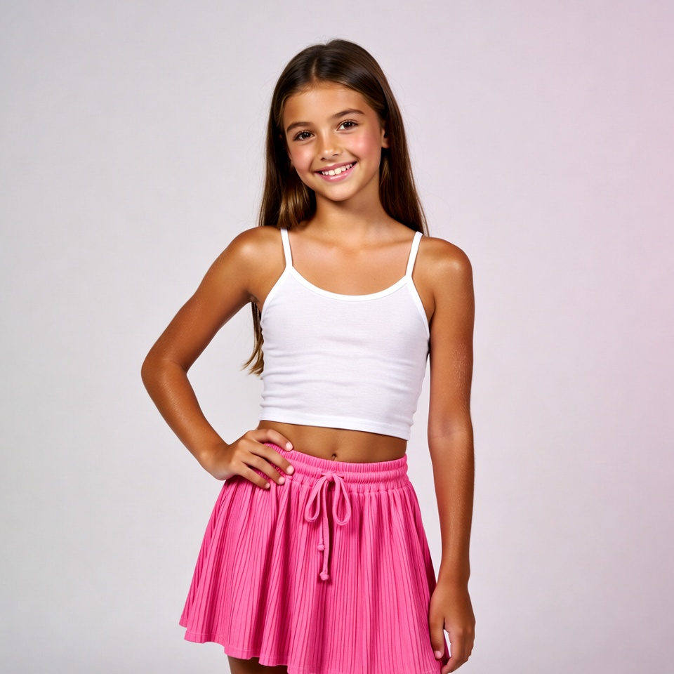 Smiling girl in white crop top pink skirt Smiling girl in white crop top pink skirt