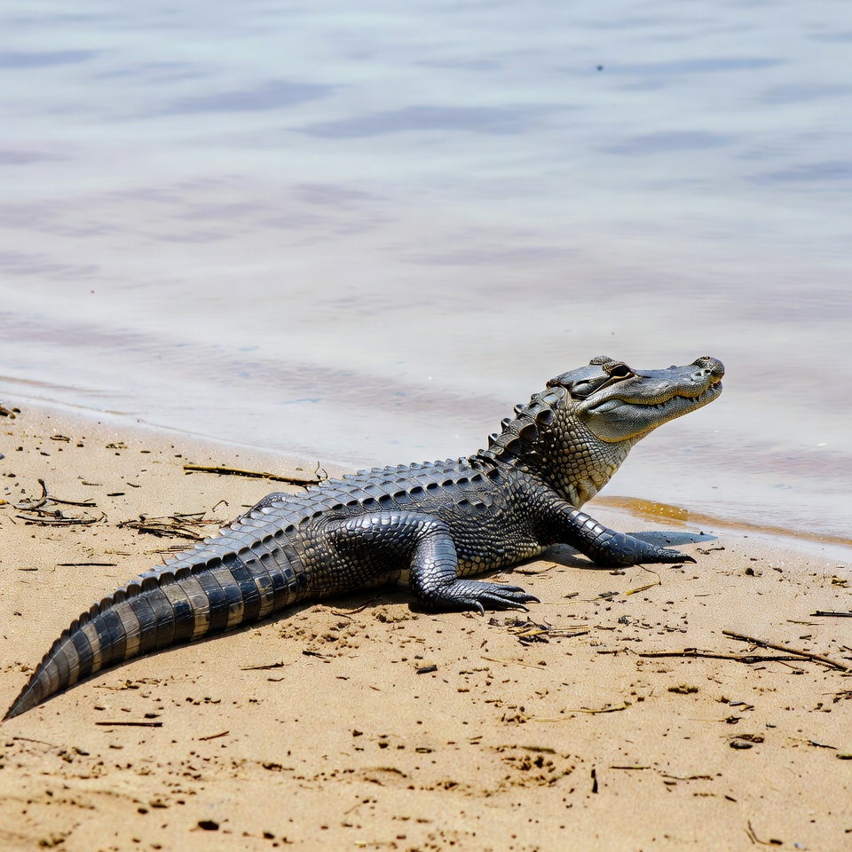 Crocodile lying on sandy beach Crocodile lying on sandy beach