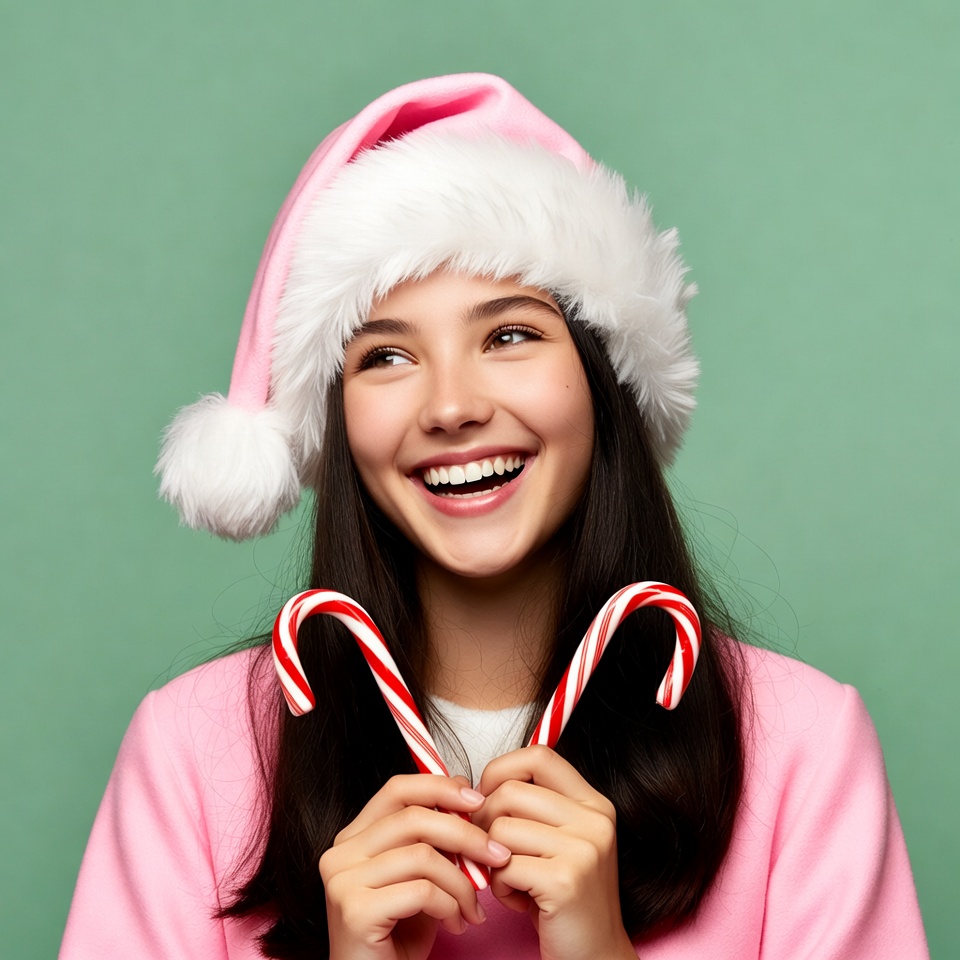 Asian girl with candy canes in Santa hat Asian girl with candy canes in Santa hat