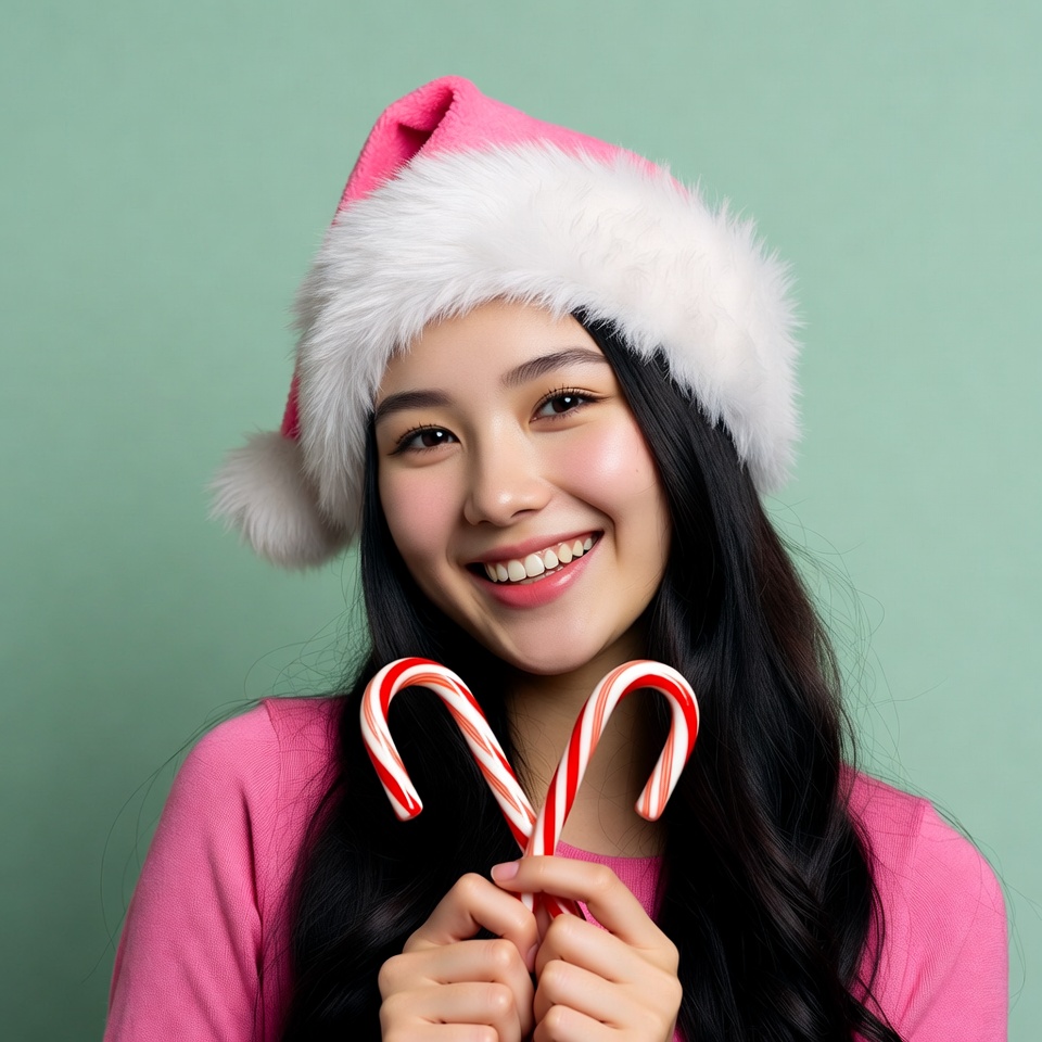 Asian woman holding candy canes in Santa hat Asian woman holding candy canes in Santa hat