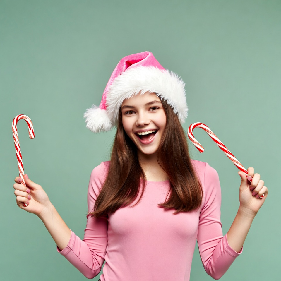 Girl holding pink Santa hat candy canes Girl holding pink Santa hat candy canes