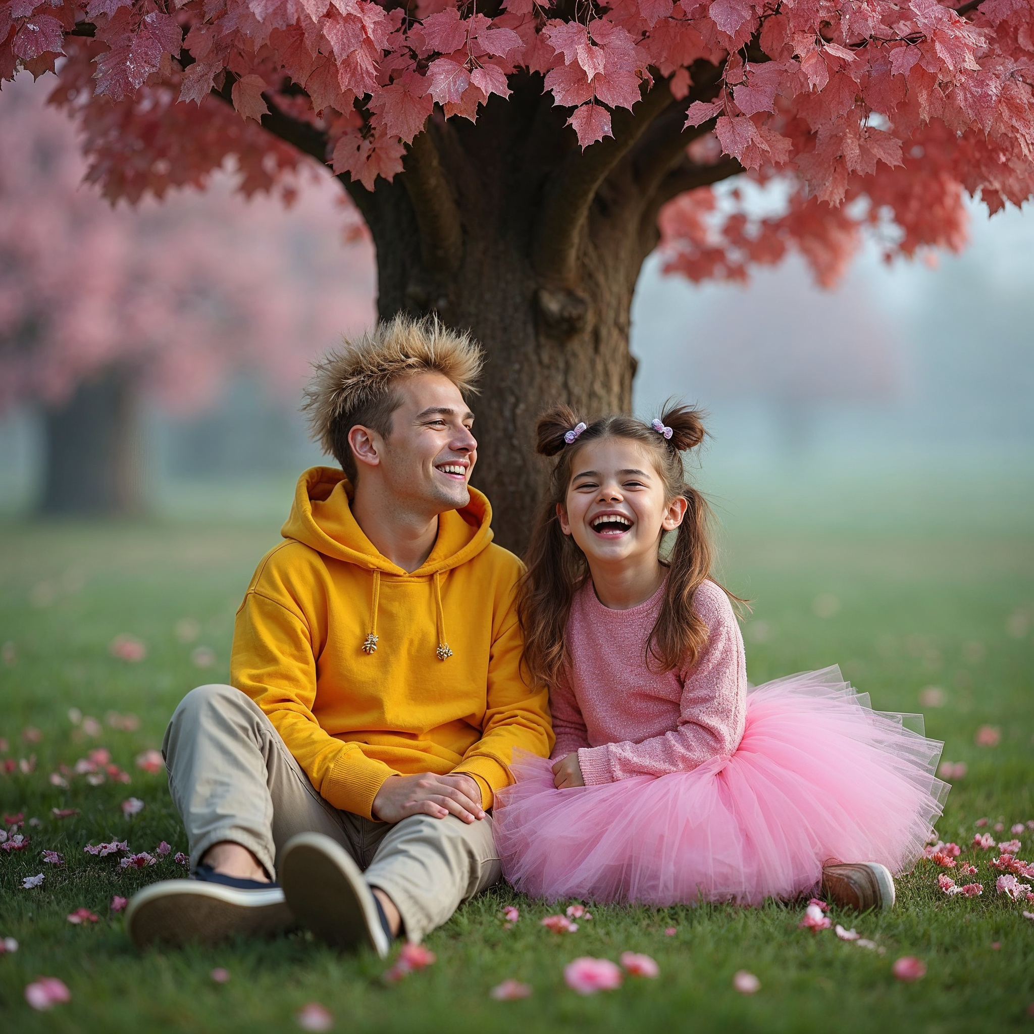Father and daughter laughing under pink tree Father and daughter laughing under pink tree