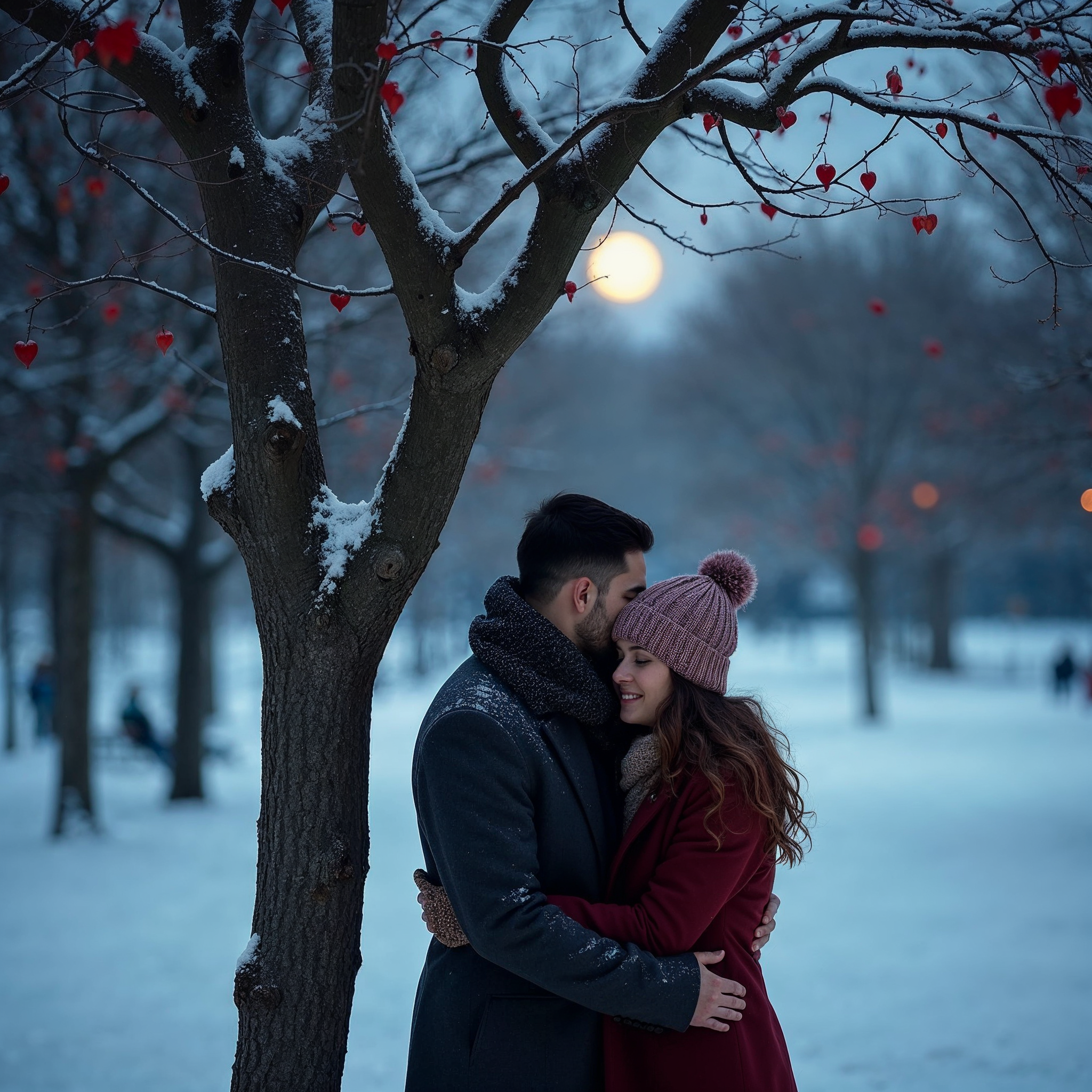 Couple embracing under heart-shaped snow tree Couple embracing under heart-shaped snow tree
