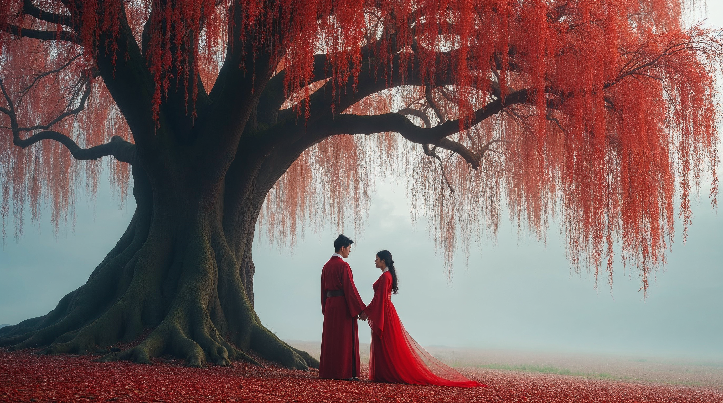 Asian couple in red robes under red willow tree Asian couple in red robes under red willow tree