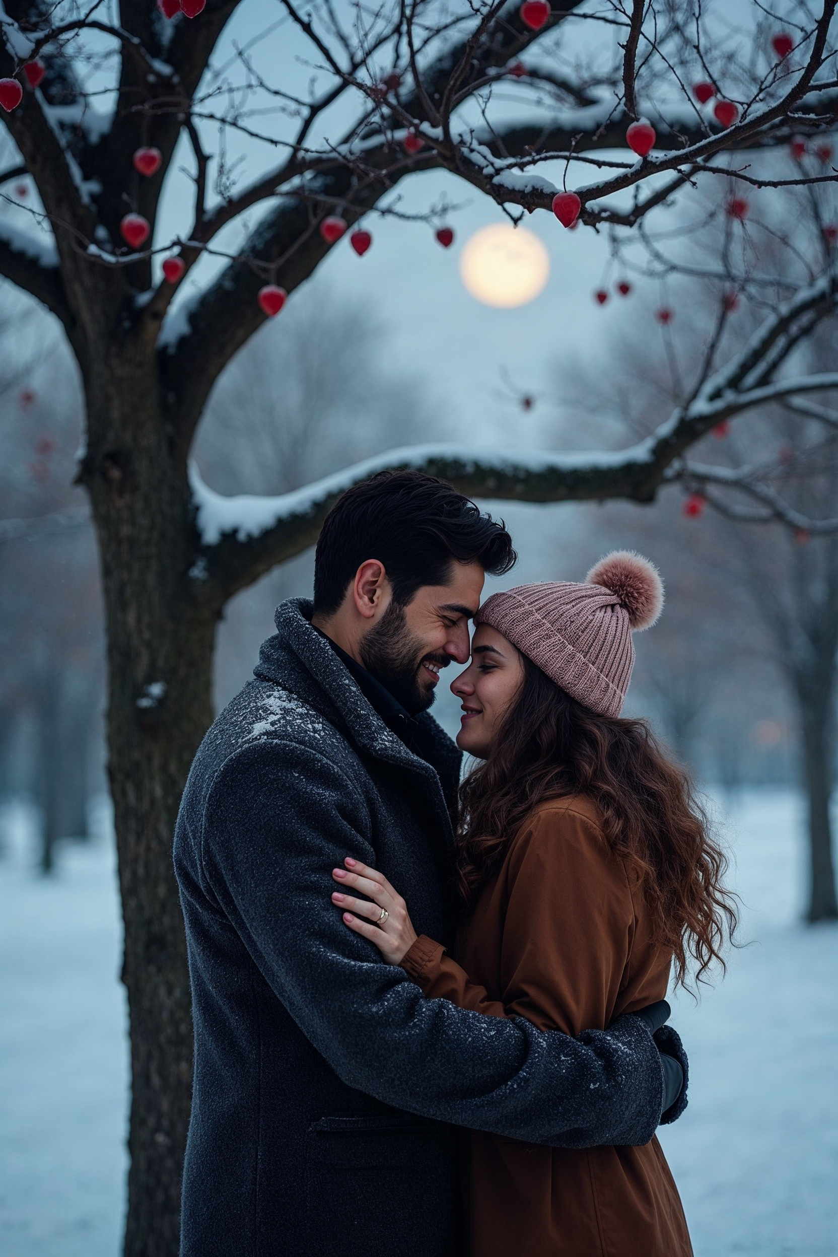 Couple embracing under snowy tree with moon Couple embracing under snowy tree with moon