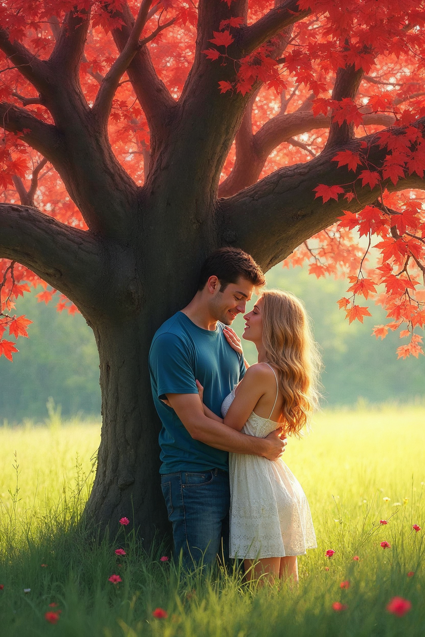 Couple embracing by red maple tree Couple embracing by red maple tree