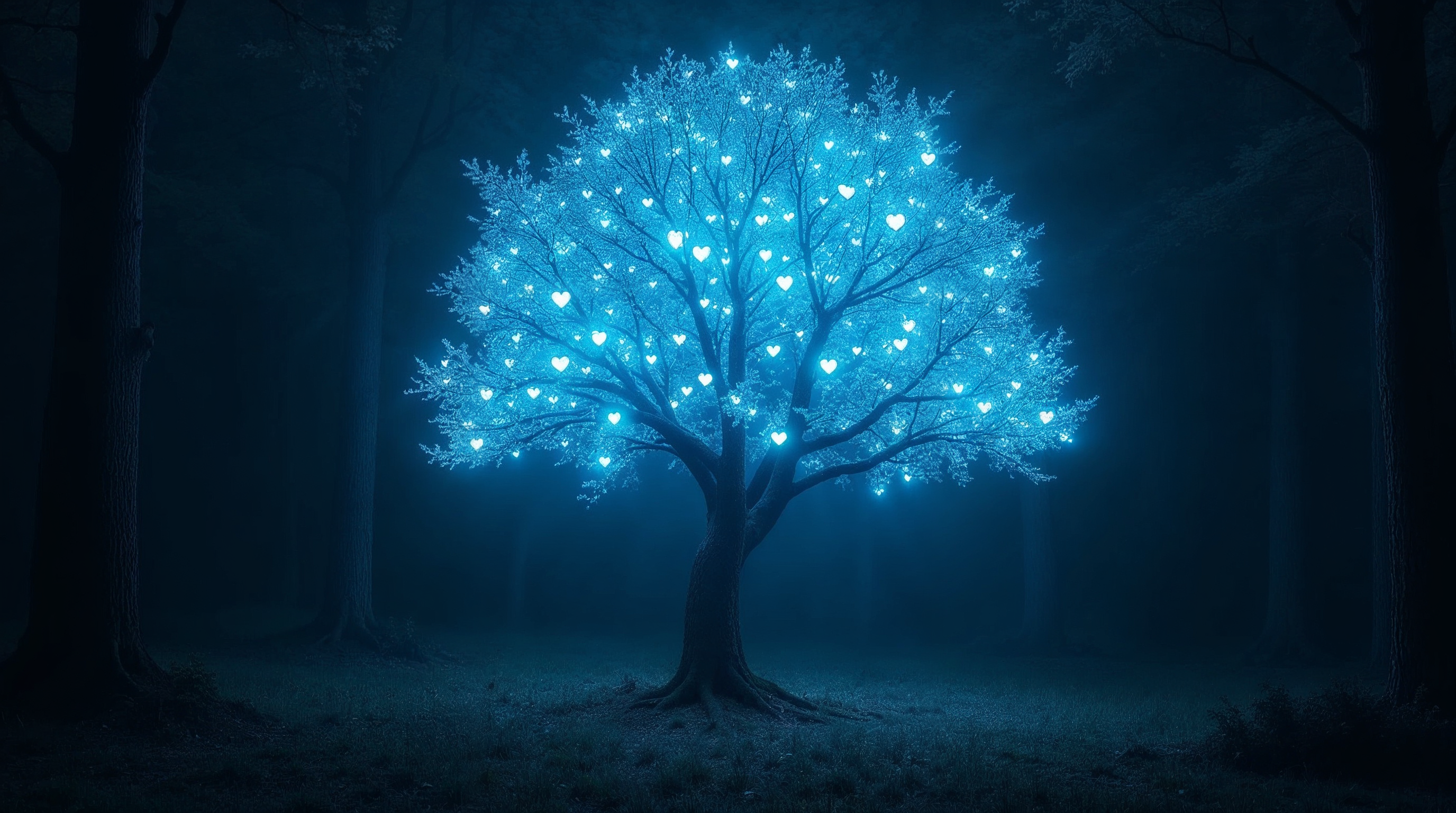 Glowing Blue Heart Tree in Dark Forest Glowing Blue Heart Tree in Dark Forest