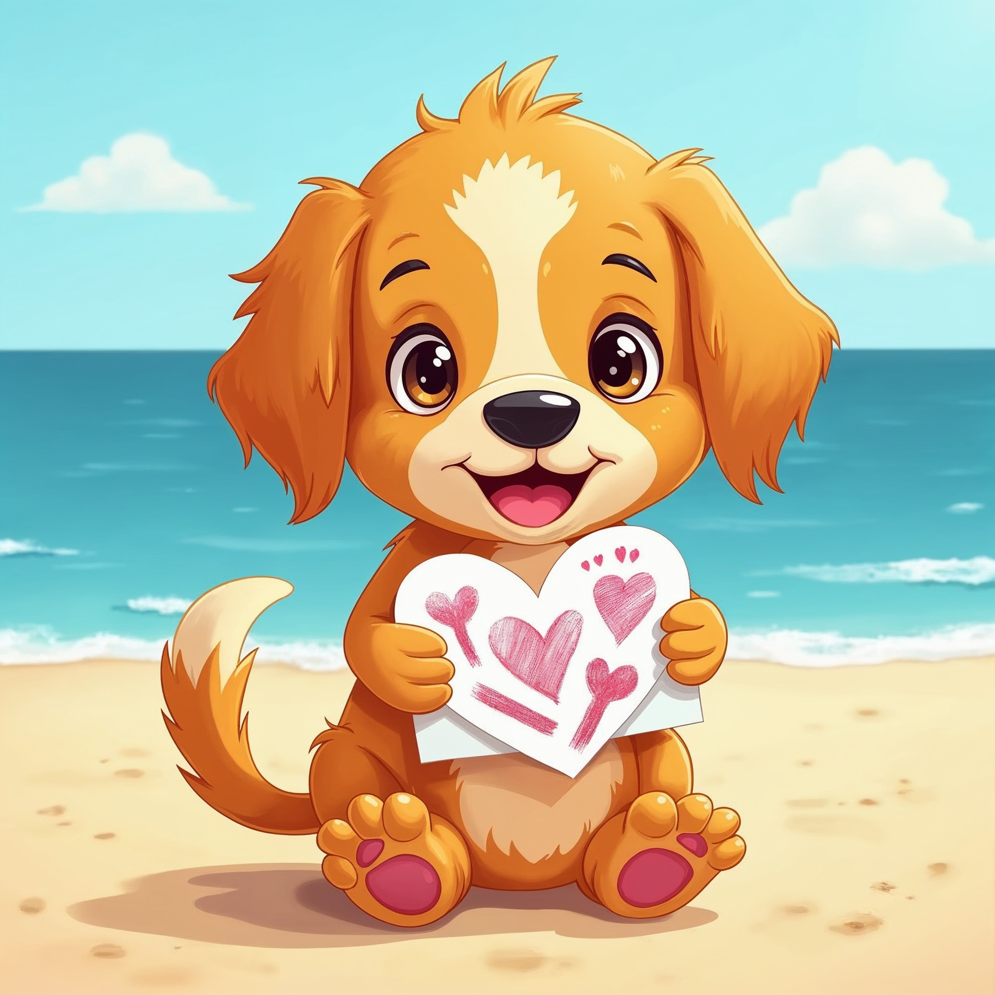 Cartoon puppy holding heart beach Cartoon puppy holding heart beach