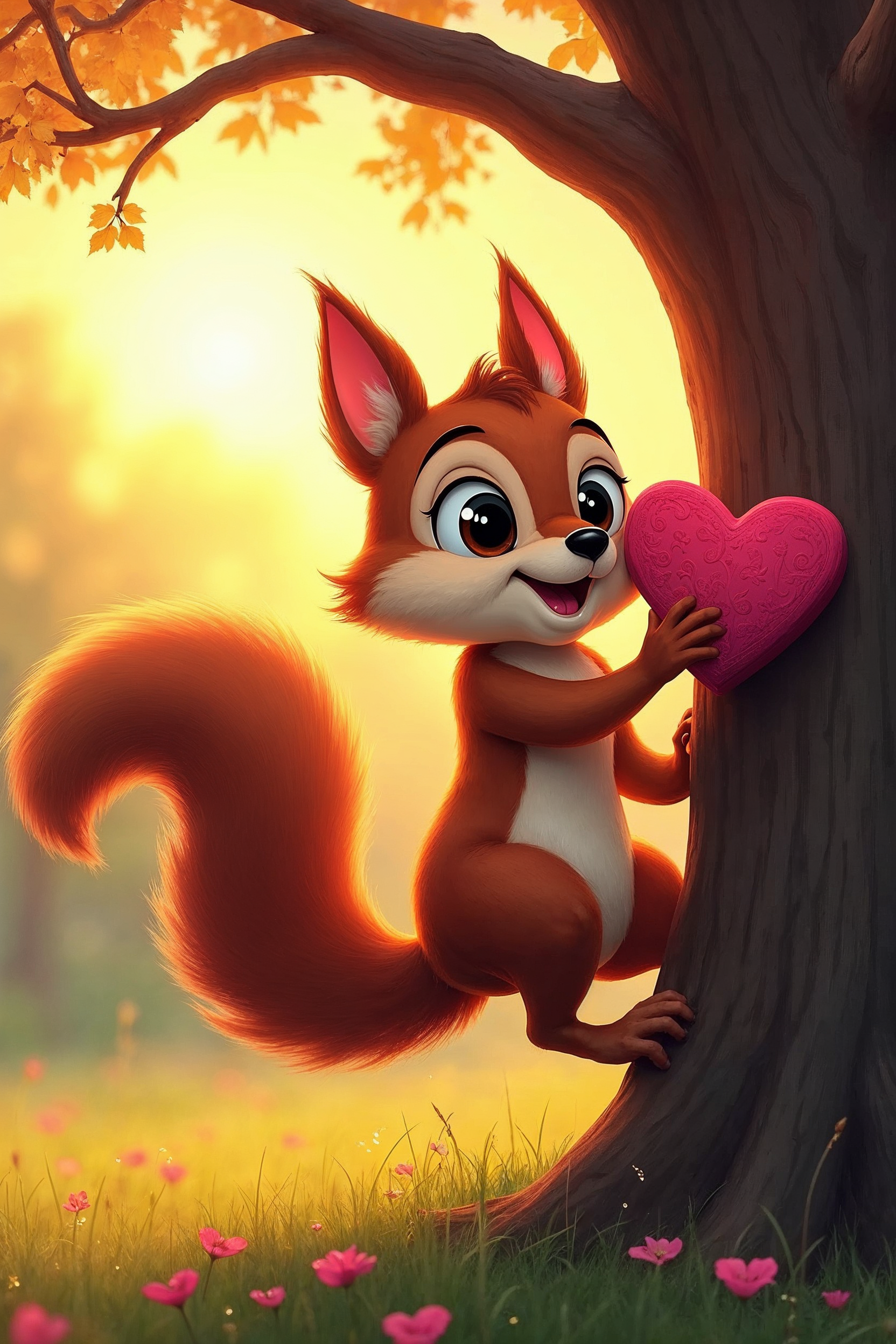 Cute Fox Holding Heart Against Tree Cute Fox Holding Heart Against Tree