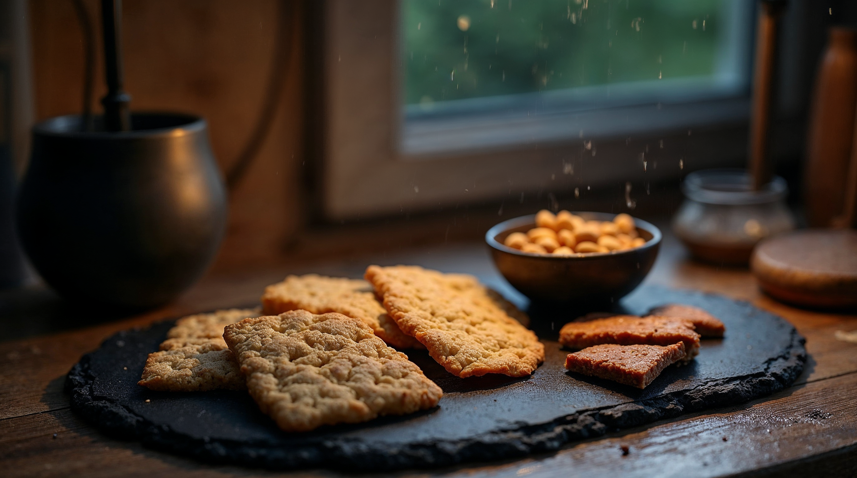 Crackers and Chickpeas on Wooden Table Crackers and Chickpeas on Wooden Table
