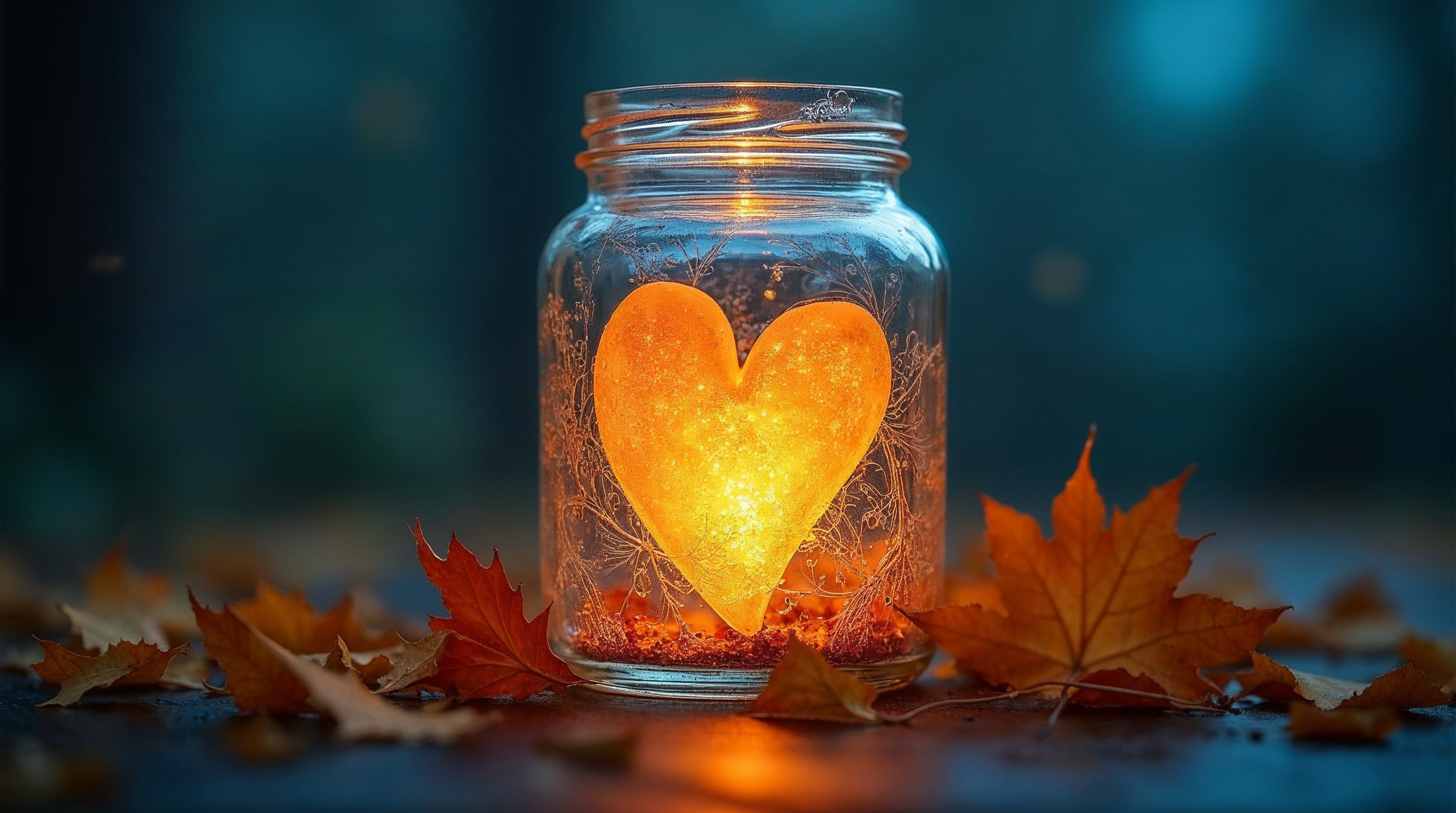 Glowing Heart in Glass Jar with Autumn Leaves Glowing Heart in Glass Jar with Autumn Leaves