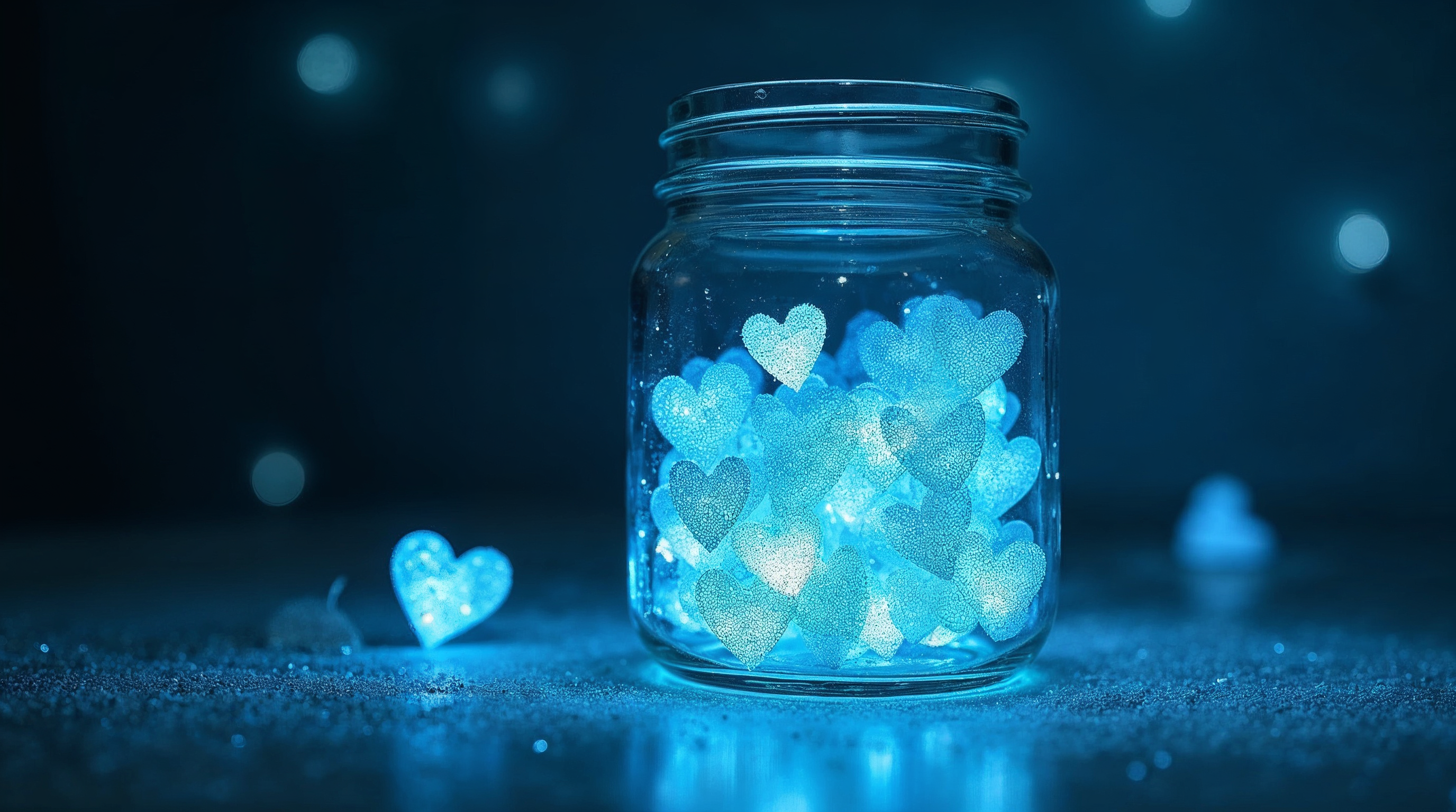 Glowing Blue Hearts in Glass Jar Glowing Blue Hearts in Glass Jar