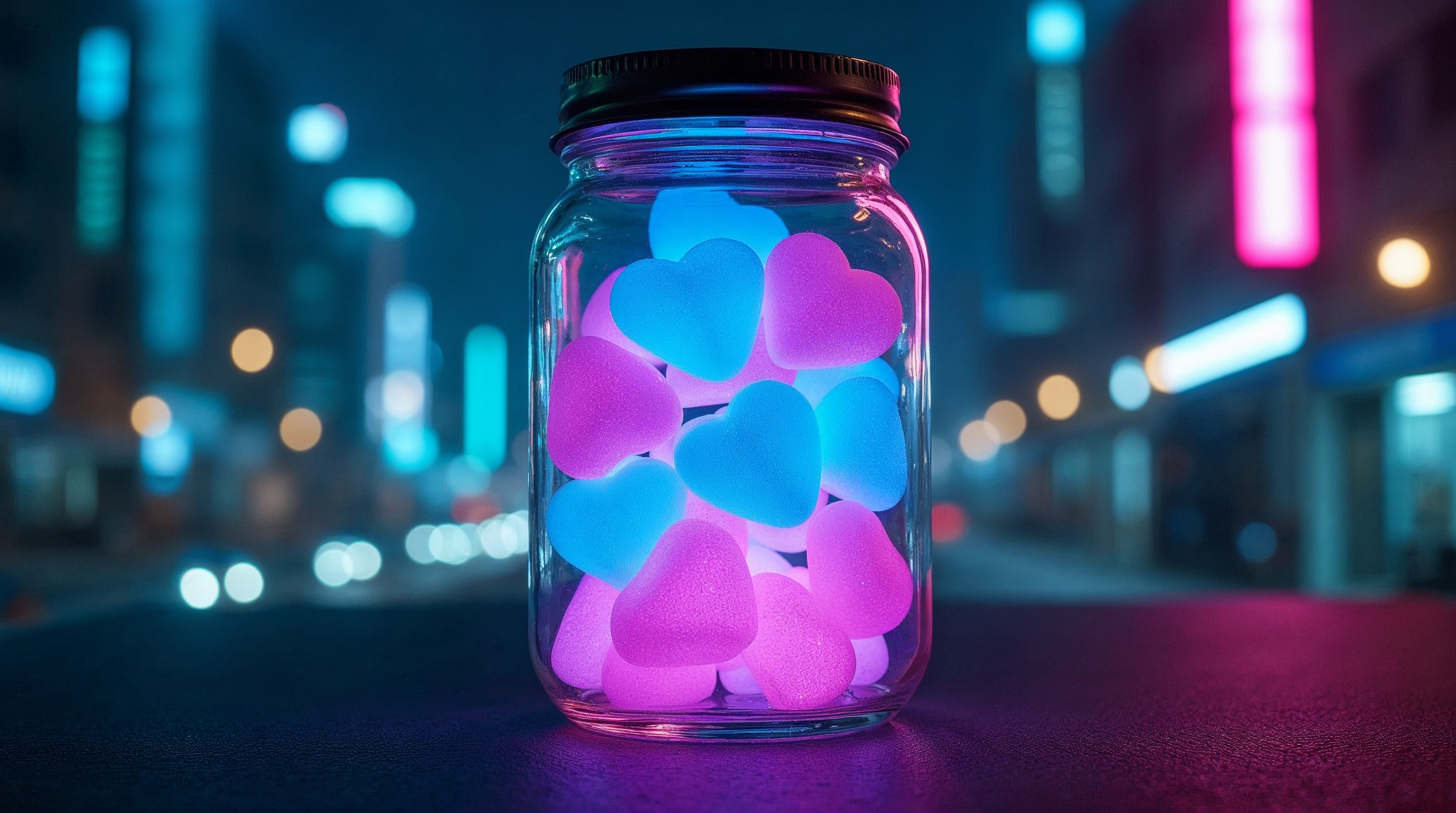 Glowing Neon Hearts in Glass Jar Glowing Neon Hearts in Glass Jar