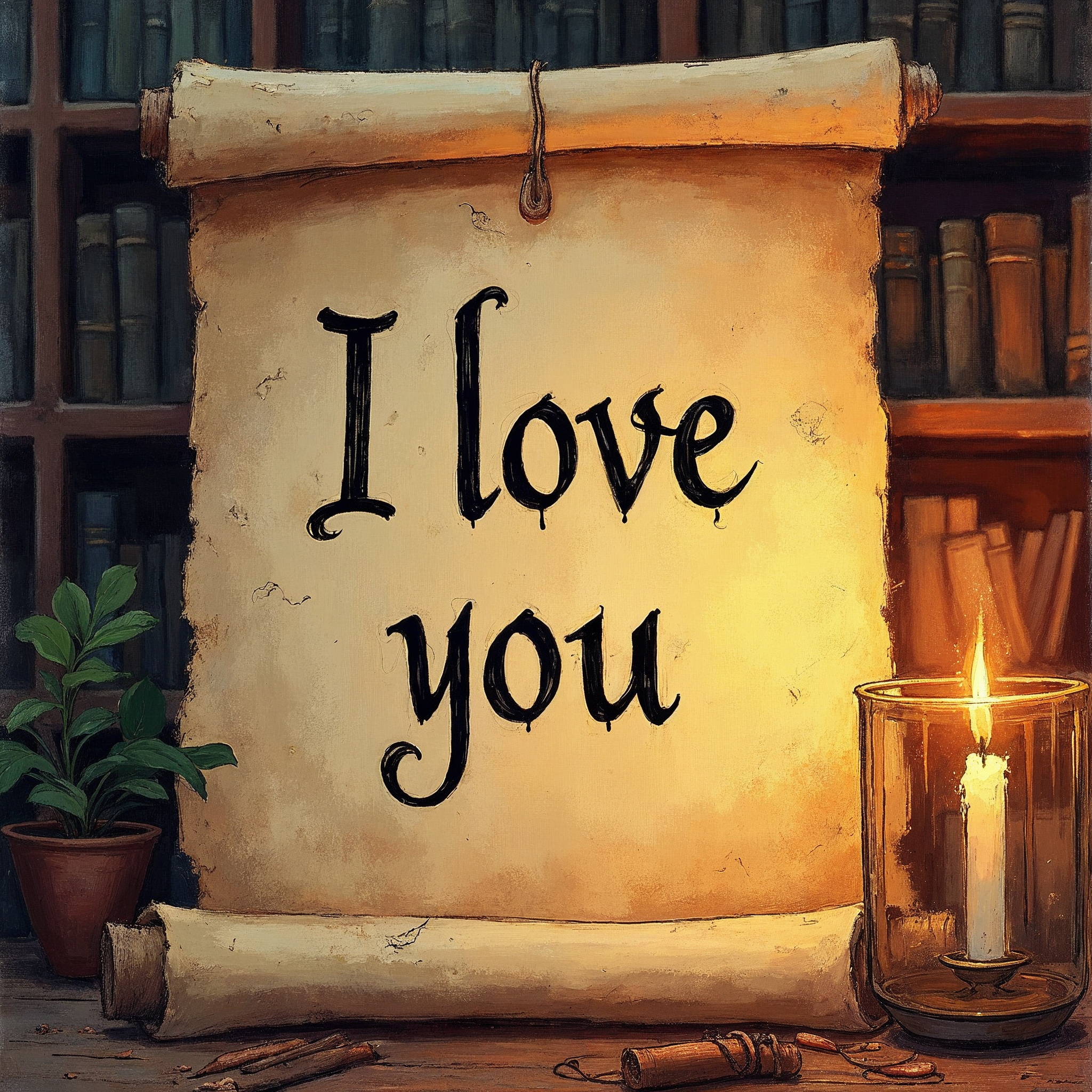 I Love You on Scroll with Bookshelf I Love You on Scroll with Bookshelf