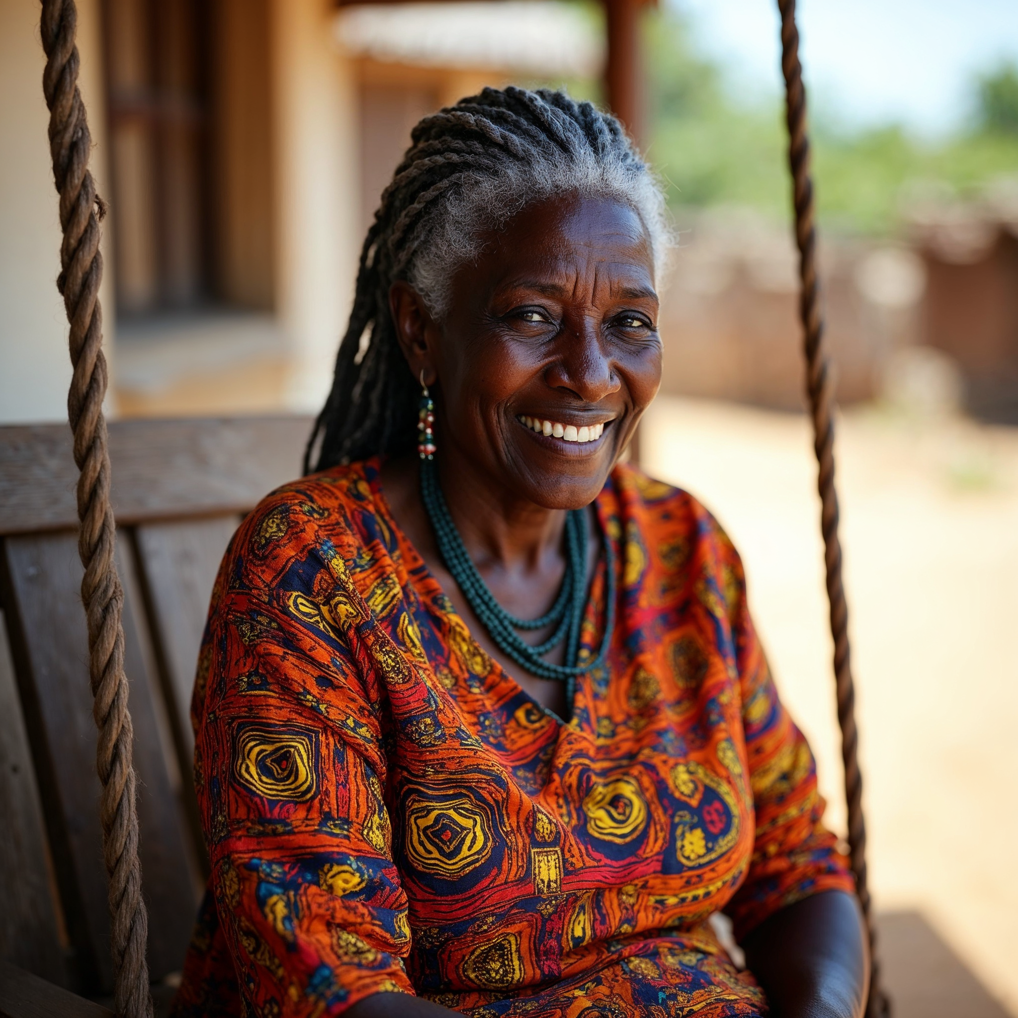 Elderly African woman smiling on porch swing Elderly African woman smiling on porch swing