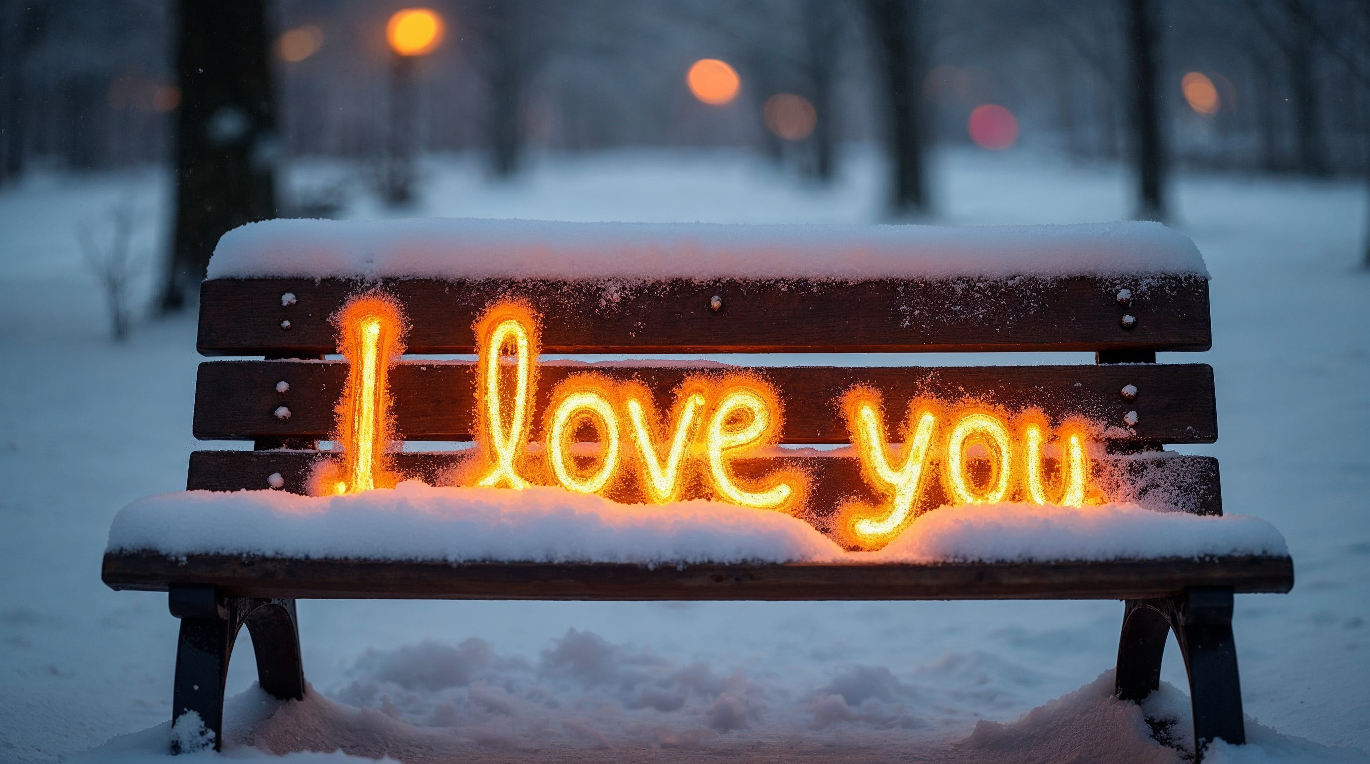 Snowy bench with glowing I love you Snowy bench with glowing I love you