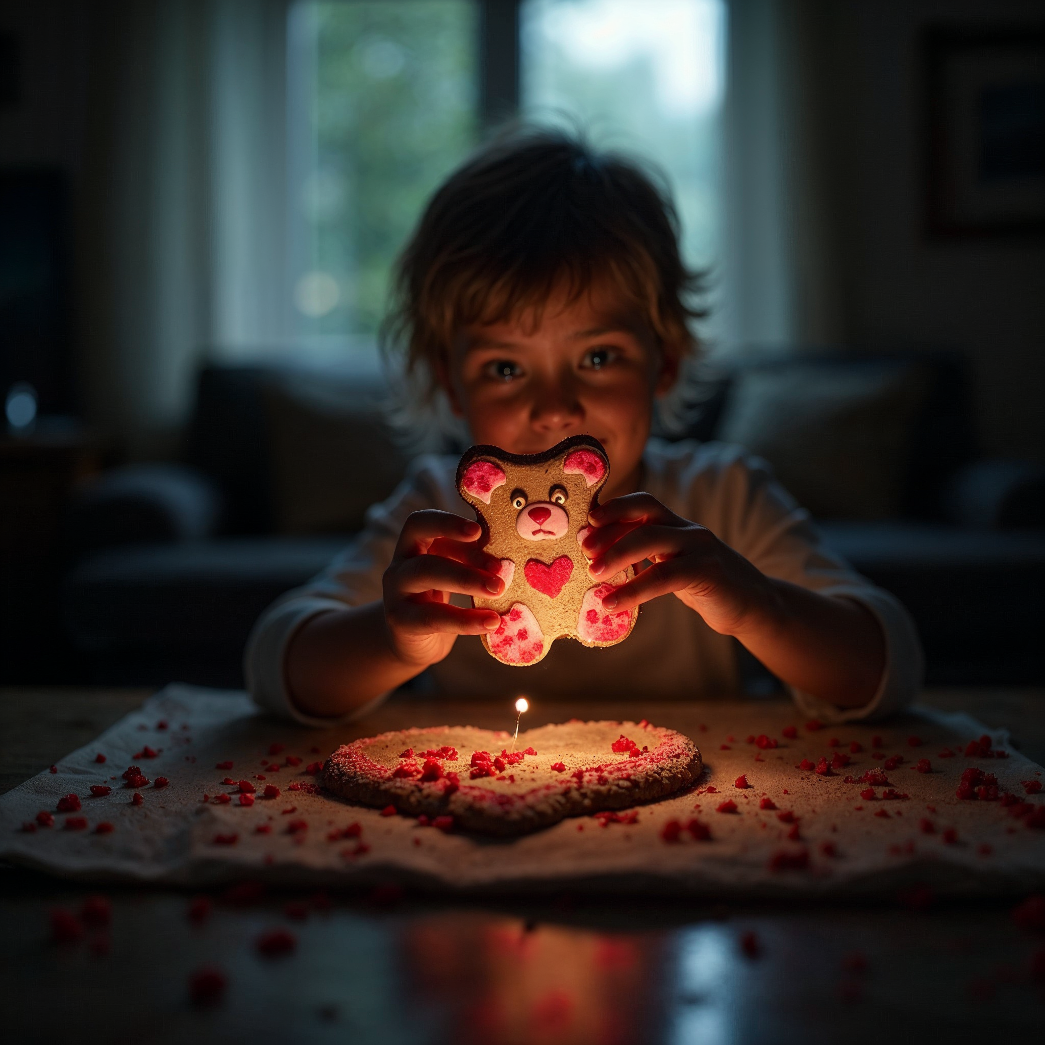 Boy holding teddy bear cookie with candle Boy holding teddy bear cookie with candle