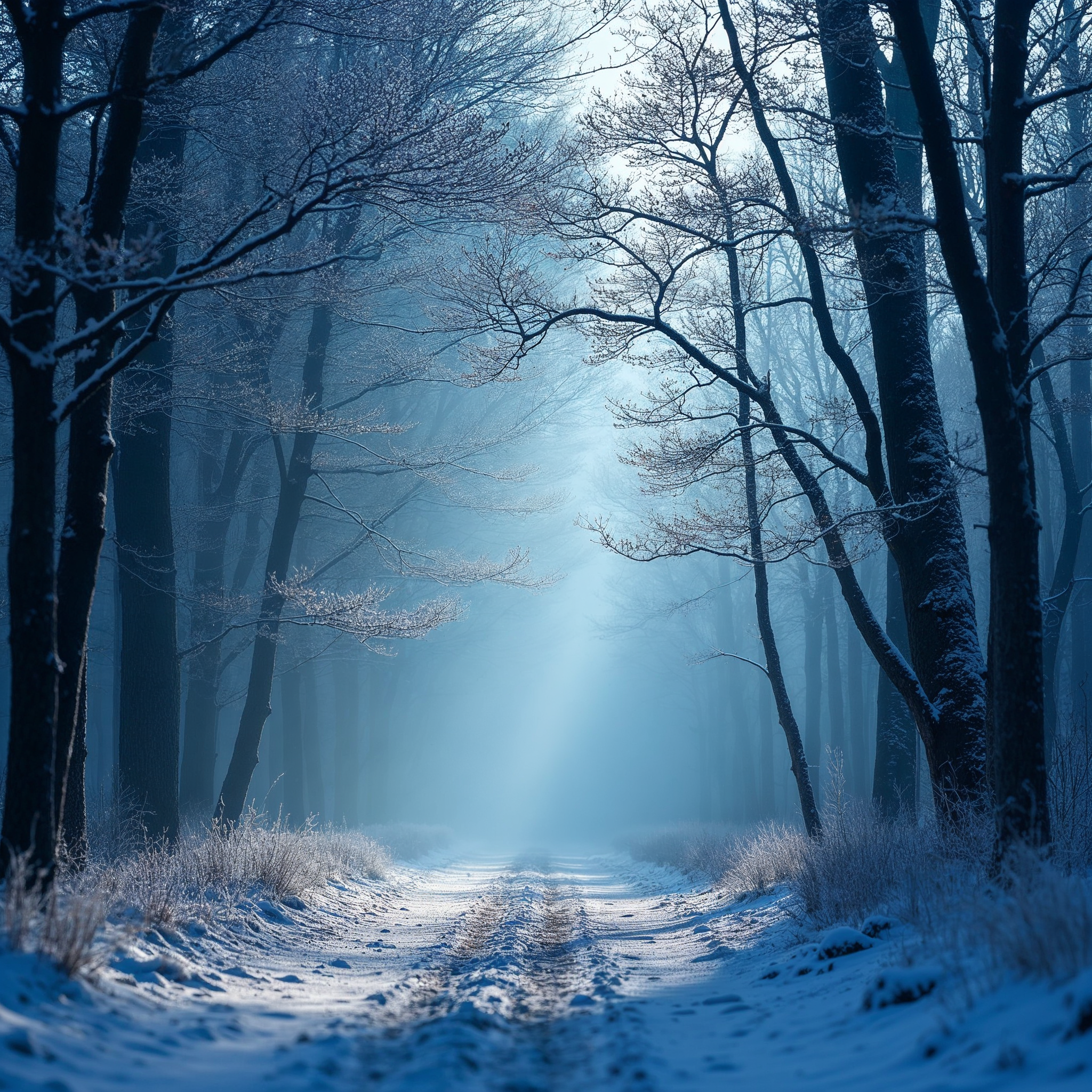 Snowy Forest Path with Sunbeams Snowy Forest Path with Sunbeams