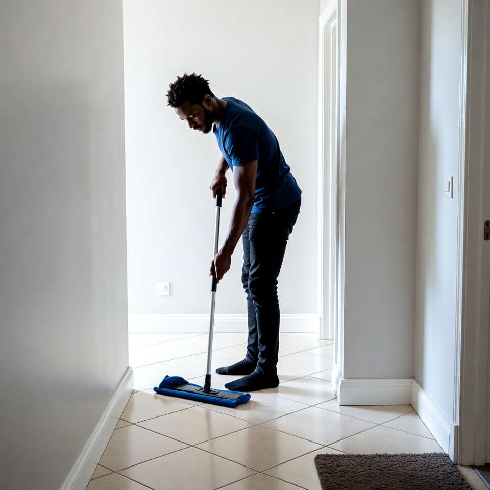 African-American man mopping hallway floor African-American man mopping hallway floor