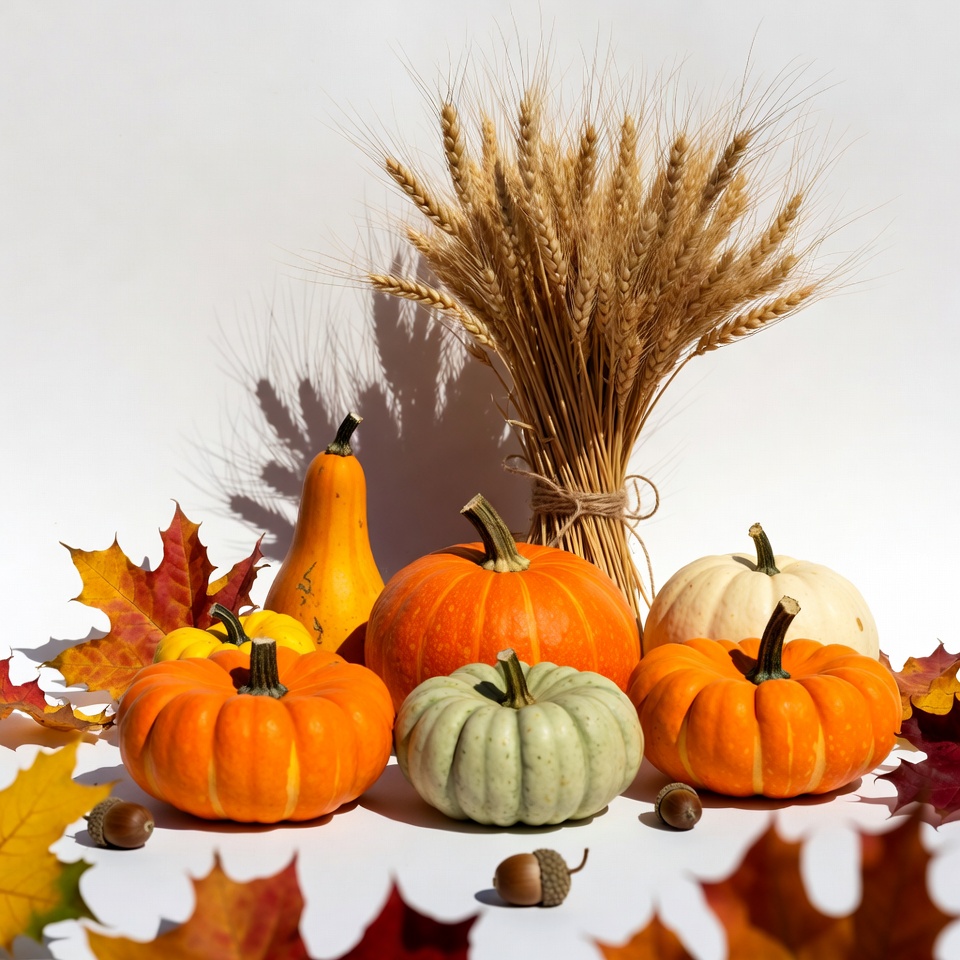 Assortment of pumpkins wheat autumn leaves Assortment of pumpkins wheat autumn leaves