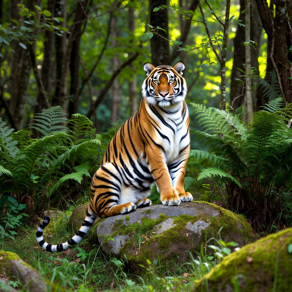 Tiger sitting on rock in forest Tiger sitting on rock in forest