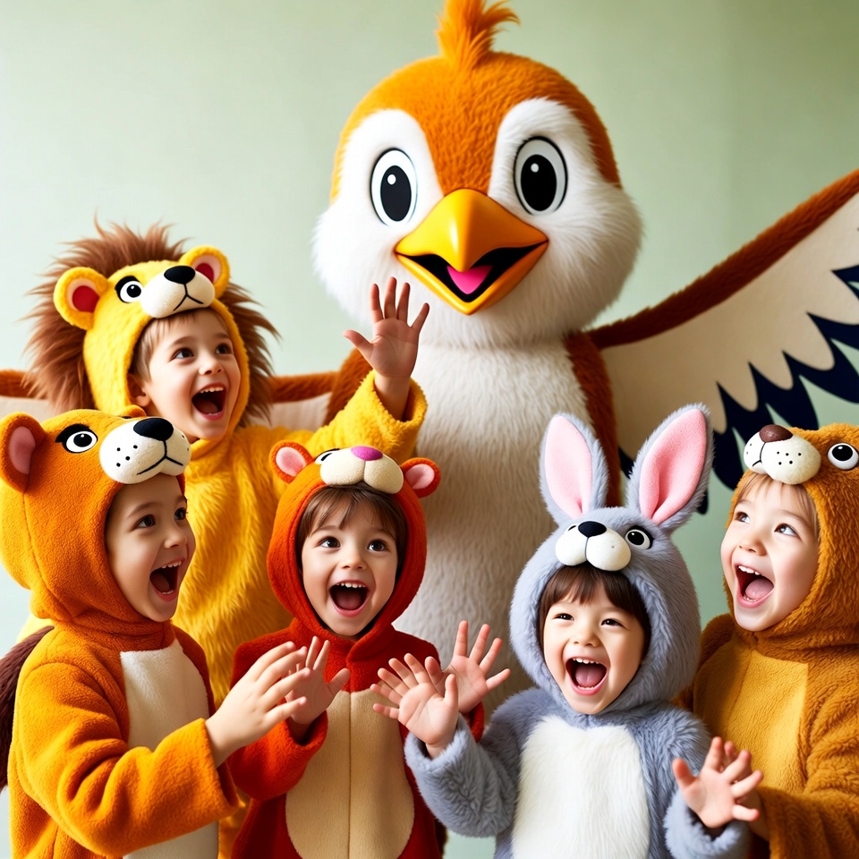 Children in animal costumes with bird mascot Children in animal costumes with bird mascot