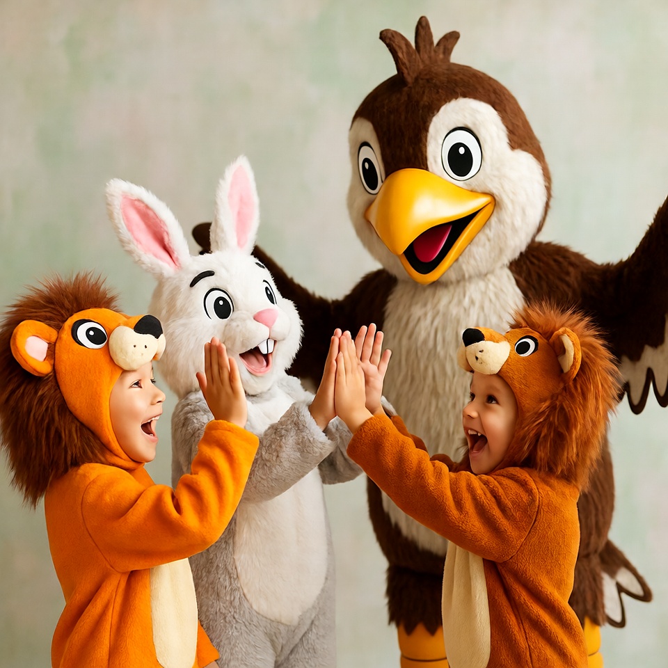 Kids in Lion Costumes High-Five Bunny Eagle Kids in Lion Costumes High-Five Bunny Eagle