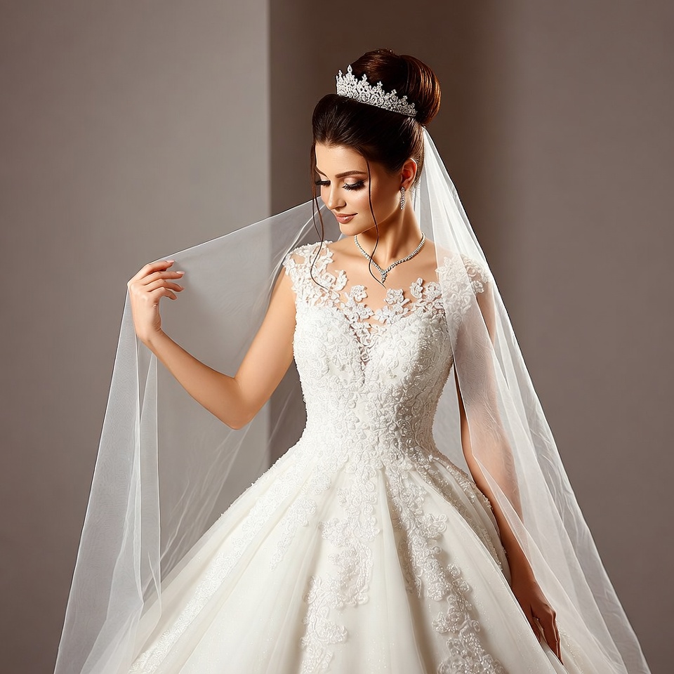 Bride lifting veil in white gown Bride lifting veil in white gown