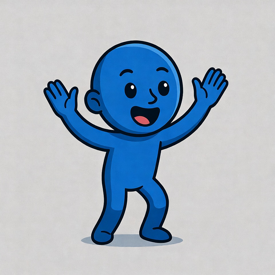 Blue cartoon boy raising arms happily Blue cartoon boy raising arms happily
