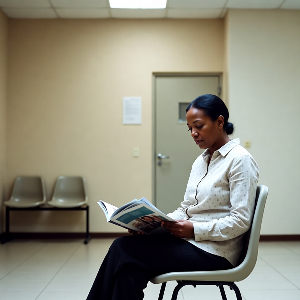 African-American woman reading in waiting room African-American woman reading in waiting room