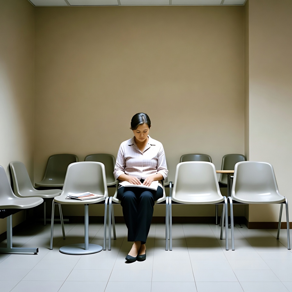 Asian woman waiting in office with folder Asian woman waiting in office with folder
