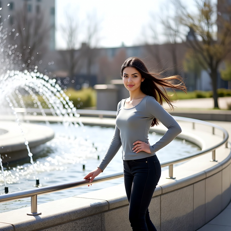 Woman posing by urban fountain Woman posing by urban fountain