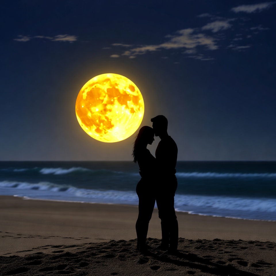 Silhouette couple embracing beach full moon Silhouette couple embracing beach full moon