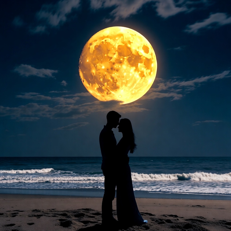 Silhouette couple embracing under full moon beach Silhouette couple embracing under full moon beach