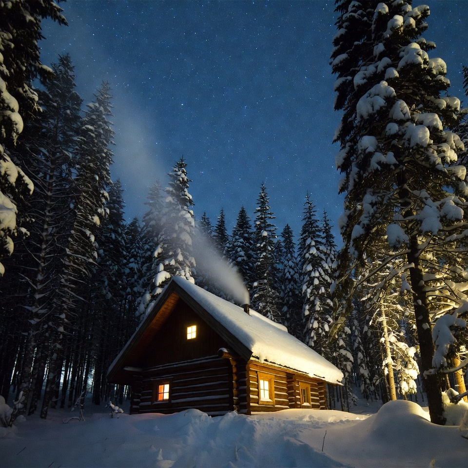 Cozy Log Cabin in Snowy Forest Night Cozy Log Cabin in Snowy Forest Night