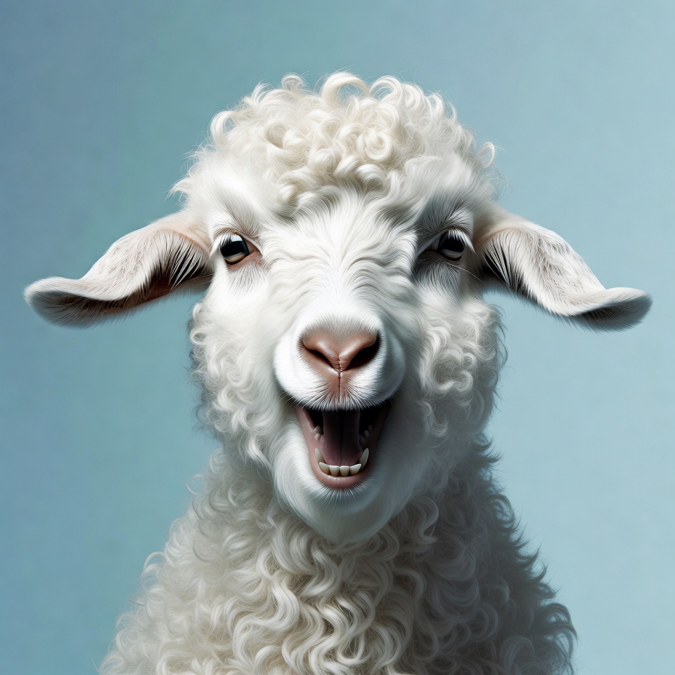 Fluffy Lamb Smiling on Blue Background Fluffy Lamb Smiling on Blue Background
