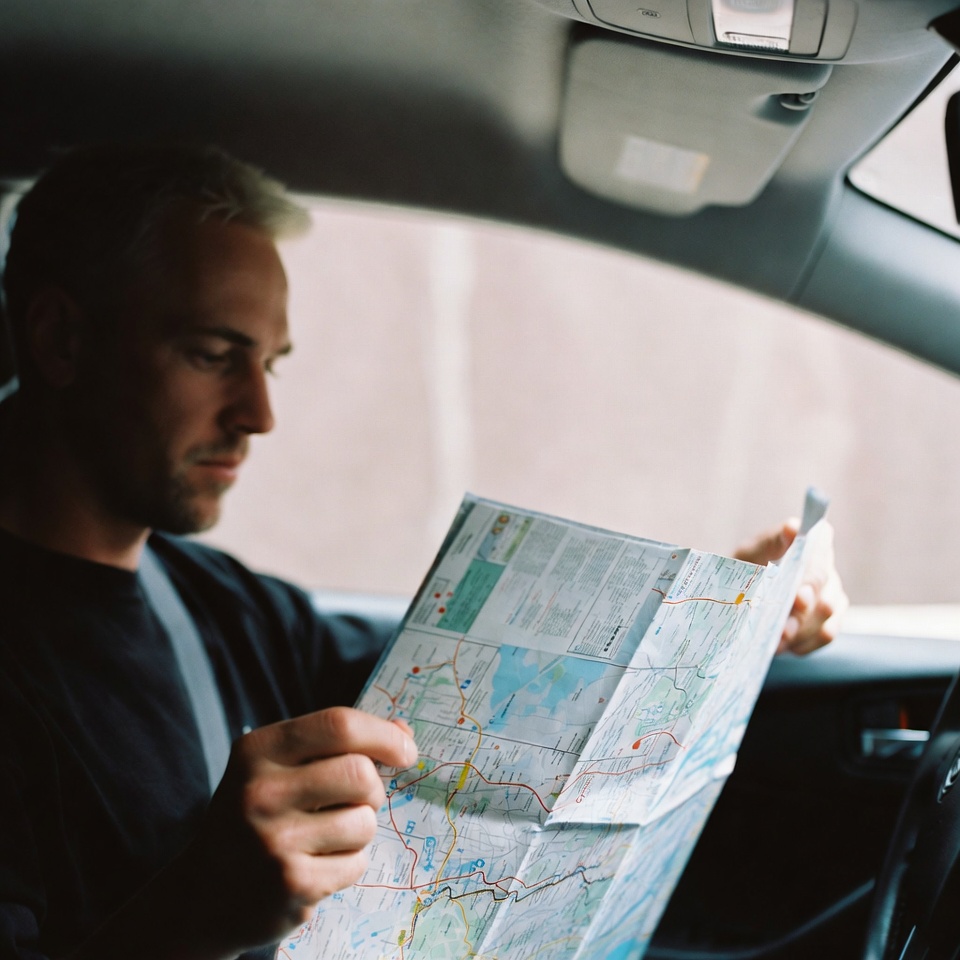 Man reading map in car Man reading map in car