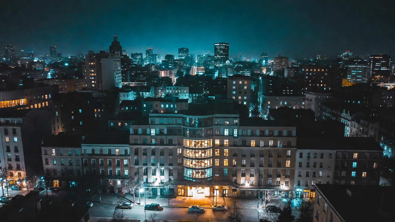 Aerial Night View of City Buildings Aerial Night View of City Buildings